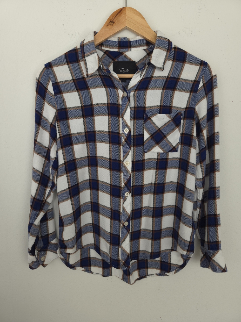 Rails Hunter Plaid Shirt Blue White Soft 100% Rayon Button Down Flannel Size S